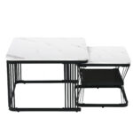 2-Piece Set Modern Side Tables, MDF in Marble Look, White High-Gloss Black Steel Frame - Image 13