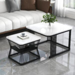 2-Piece Set Modern Side Tables, MDF in Marble Look, White High-Gloss Black Steel Frame - Image 23