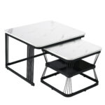 2-Piece Set Modern Side Tables, MDF in Marble Look, White High-Gloss Black Steel Frame - Image 26