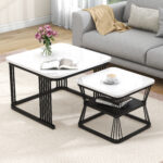 2-Piece Set Modern Side Tables, MDF in Marble Look, White High-Gloss Black Steel Frame - Image 29