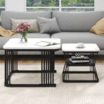 2-Piece Set Modern Side Tables, MDF in Marble Look, White High-Gloss Black Steel Frame - Image 3