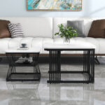 2-Piece Set Modern Side Tables, MDF in Marble Look, White High-Gloss Black Steel Frame - Image 35