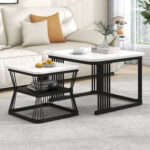 2-Piece Set Modern Side Tables, MDF in Marble Look, White High-Gloss Black Steel Frame - Image 36