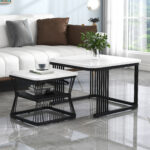 2-Piece Set Modern Side Tables, MDF in Marble Look, White High-Gloss Black Steel Frame - Image 37