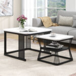 2-Piece Set Modern Side Tables, MDF in Marble Look, White High-Gloss Black Steel Frame - Image 40