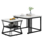 2-Piece Set Modern Side Tables, MDF in Marble Look, White High-Gloss Black Steel Frame - Image 41