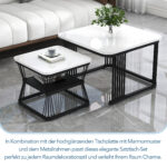 2-Piece Set Modern Side Tables, MDF in Marble Look, White High-Gloss Black Steel Frame - Image 45