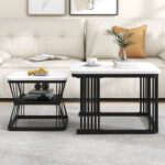 2-Piece Set Modern Side Tables, MDF in Marble Look, White High-Gloss Black Steel Frame - Image 55