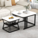 2-Piece Set Modern Side Tables, MDF in Marble Look, White High-Gloss Black Steel Frame - Image 56