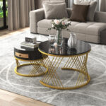 2 in 1 Round MDF Coffee Table, Side Table with Marble Table Top and Drawers Made of Plastic