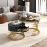 2 in 1 Round MDF Coffee Table, Side Table with Marble Table Top and Drawers Made of Plastic - Image 10