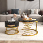 2 in 1 Round MDF Coffee Table, Side Table with Marble Table Top and Drawers Made of Plastic - Image 11