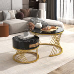 2 in 1 Round MDF Coffee Table, Side Table with Marble Table Top and Drawers Made of Plastic - Image 12