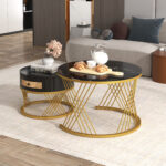 2 in 1 Round MDF Coffee Table, Side Table with Marble Table Top and Drawers Made of Plastic - Image 13