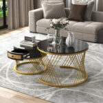 2 in 1 Round MDF Coffee Table, Side Table with Marble Table Top and Drawers Made of Plastic - Image 2