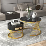 2 in 1 Round MDF Coffee Table, Side Table with Marble Table Top and Drawers Made of Plastic - Image 4