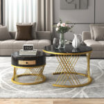 2 in 1 Round MDF Coffee Table, Side Table with Marble Table Top and Drawers Made of Plastic - Image 9