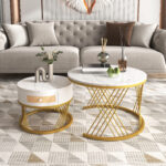 2 in 1 Round MDF Coffee Table, Side Table with Marble Table Top and Drawers Made of Plastic
