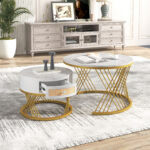 2 in 1 Round MDF Coffee Table, Side Table with Marble Table Top and Drawers Made of Plastic - Image 10