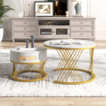2 in 1 Round MDF Coffee Table, Side Table with Marble Table Top and Drawers Made of Plastic - Image 11