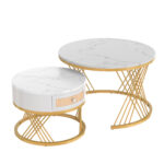 2 in 1 Round MDF Coffee Table, Side Table with Marble Table Top and Drawers Made of Plastic - Image 17