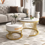 2 in 1 Round MDF Coffee Table, Side Table with Marble Table Top and Drawers Made of Plastic - Image 2