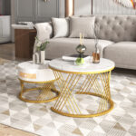2 in 1 Round MDF Coffee Table, Side Table with Marble Table Top and Drawers Made of Plastic - Image 8