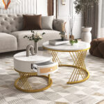 2 in 1 Round MDF Coffee Table, Side Table with Marble Table Top and Drawers Made of Plastic - Image 9