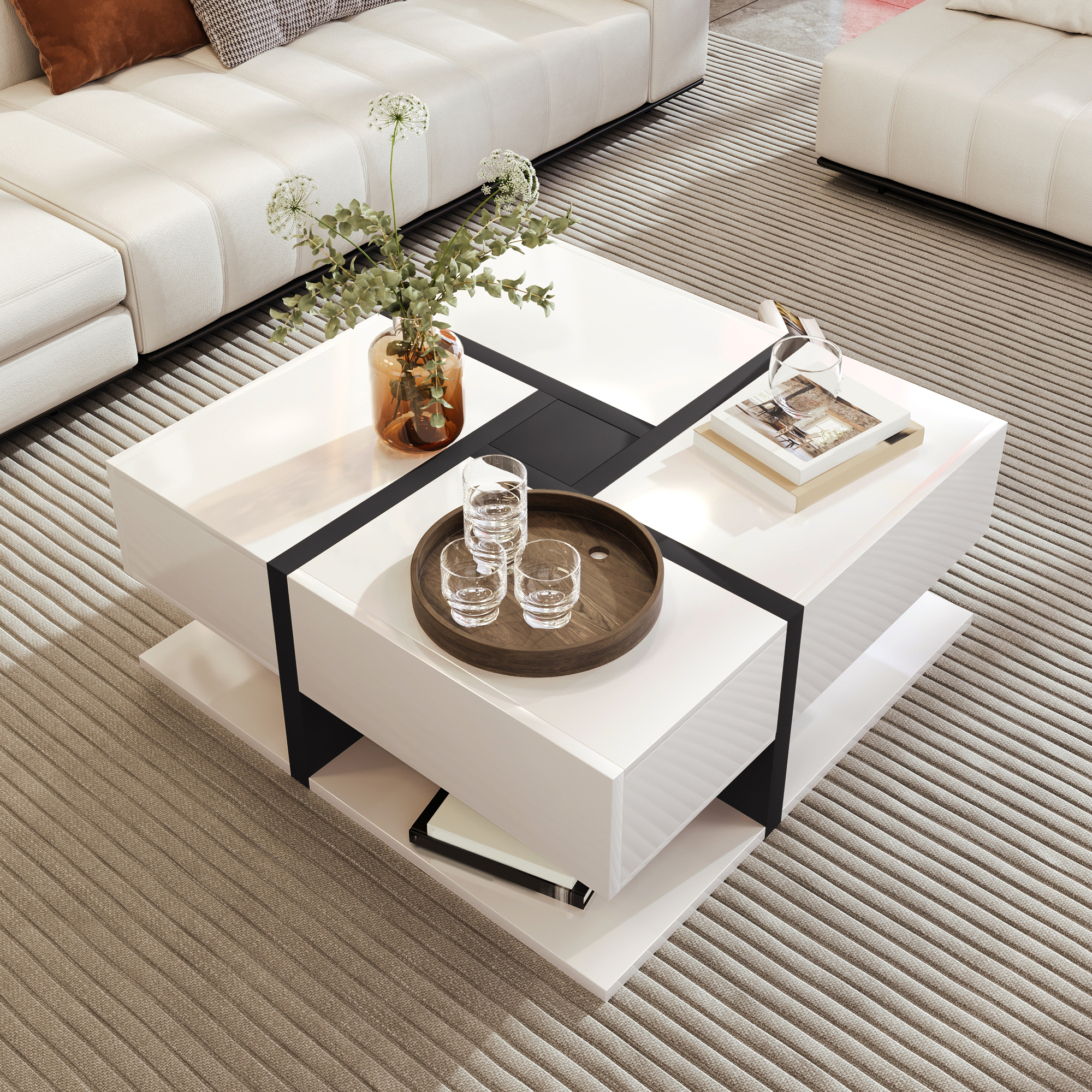 High-Gloss Coffee Table, Table with 4 Drawers, Unique Color Matching and Line Design, Storage Below