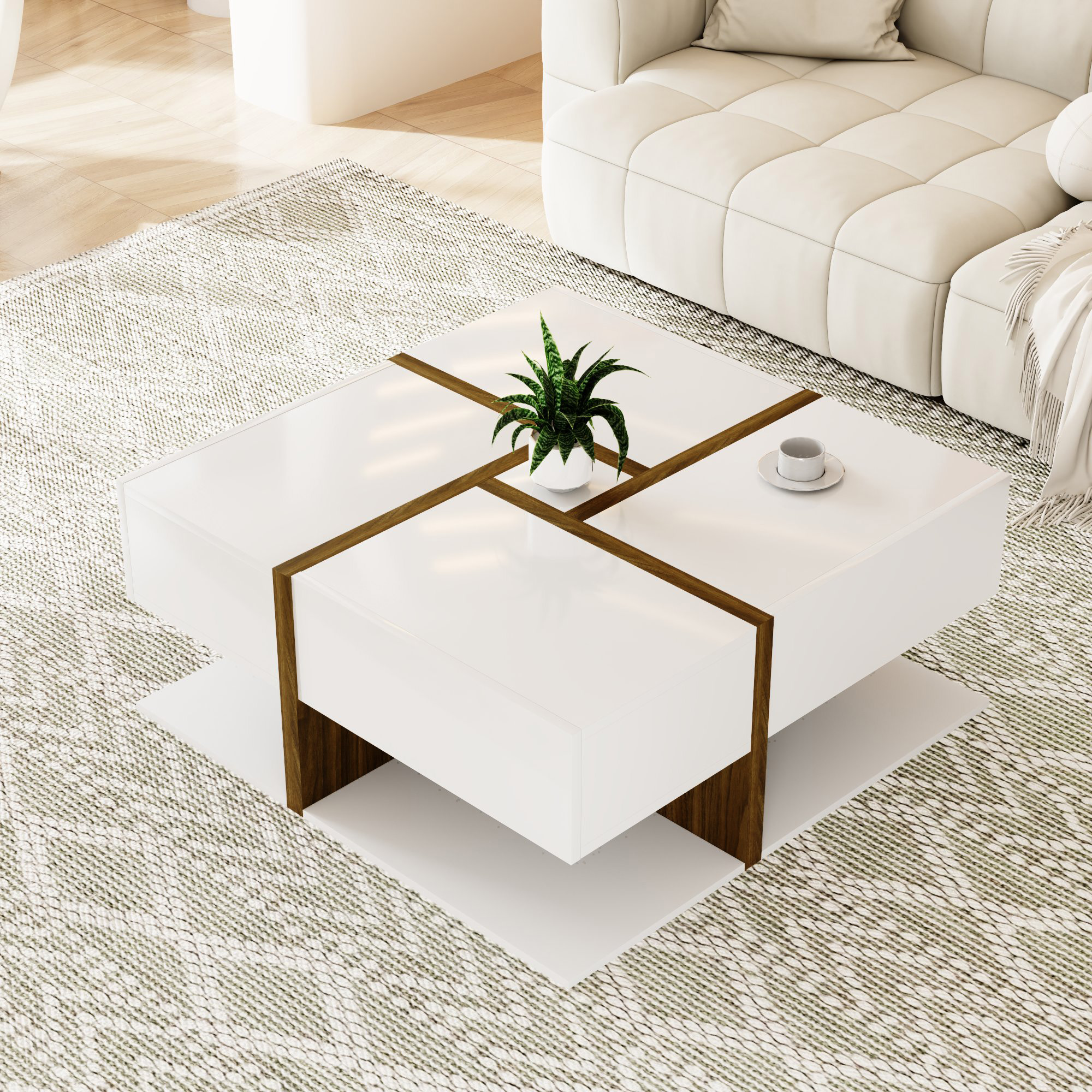 High-Gloss Coffee Table, Table with 4 Drawers, Unique Color Matching and Line Design, Storage Below