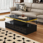 Coffee Table with Drawers, High-Gloss Lacquer Finish, Side Table with Two Shelf Levels, with LED Lighting - Image 6