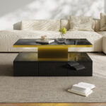 Coffee Table with Drawers, High-Gloss Lacquer Finish, Side Table with Two Shelf Levels, with LED Lighting - Image 7