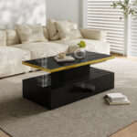 Coffee Table with Drawers, High-Gloss Lacquer Finish, Side Table with Two Shelf Levels, with LED Lighting - Image 8
