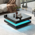 Square Coffee Table in Black - Modern Technological Style with 16-Color LED Lighting, 70x70x36 cm