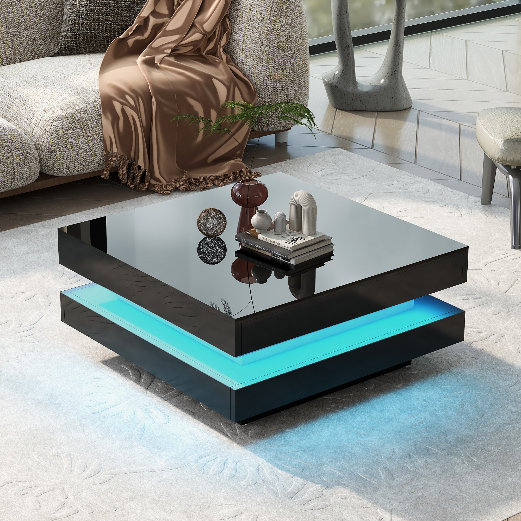 Square Coffee Table in Black - Modern Technological Style with 16-Color LED Lighting, 70x70x36 cm