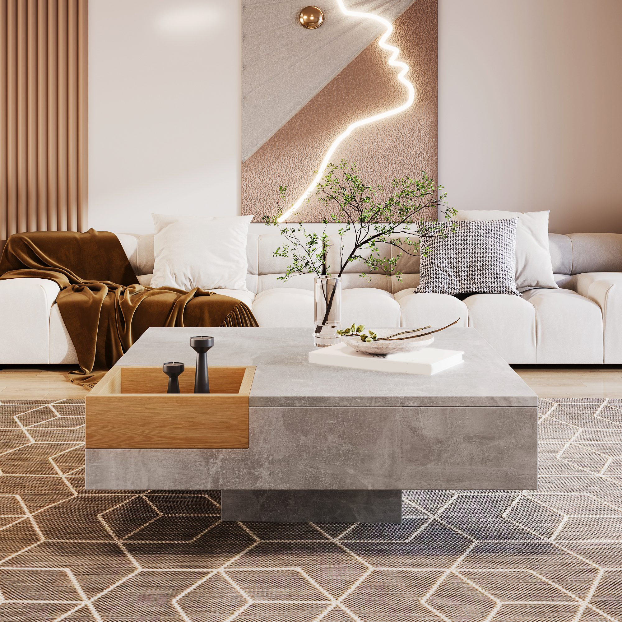 Coffee Table, Living Room Table, Side Table with Removable Storage Box, Concrete Gray and Wood Color