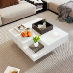 Coffee Table, High-Gloss Living Room Table, Side Table with Detachable Storage Box, Color-Block White Design - Image 8