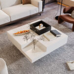 Coffee Table, High-Gloss Living Room Table, Side Table with Detachable Storage Box, Color-Block White Design - Image 10