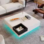 Coffee Table, High-Gloss Living Room Table, Side Table with Detachable Storage Box, Color-Block White Design