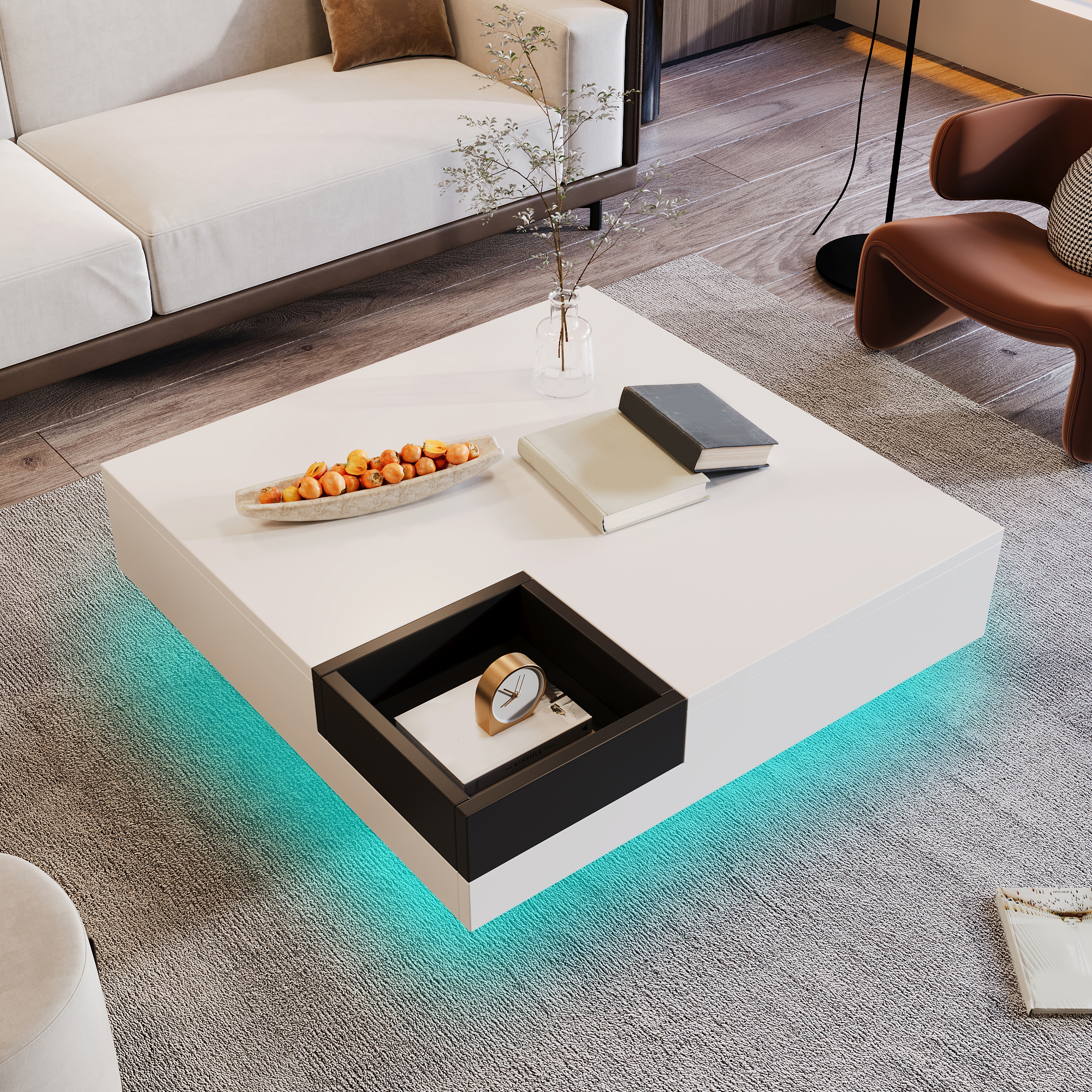 Coffee Table, High-Gloss Living Room Table, Side Table with Detachable Storage Box, Color-Block White Design