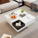 Coffee Table, High-Gloss Living Room Table, Side Table with Detachable Storage Box, Color-Block White Design - Image 6
