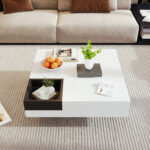 Coffee Table, High-Gloss Living Room Table, Side Table with Detachable Storage Box, Color-Block White Design - Image 7