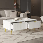Modern White Coffee Table with Golden Accents, 2 Drawers, Vertical Stripe Design, 100*50*40 cm - Image 11