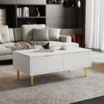 Modern White Coffee Table with Golden Accents, 2 Drawers, Vertical Stripe Design, 100*50*40 cm - Image 30