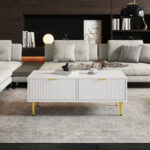 Modern White Coffee Table with Golden Accents, 2 Drawers, Vertical Stripe Design, 100*50*40 cm - Image 31