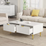 Modern White Coffee Table with Golden Accents, 2 Drawers, Vertical Stripe Design, 100*50*40 cm - Image 35