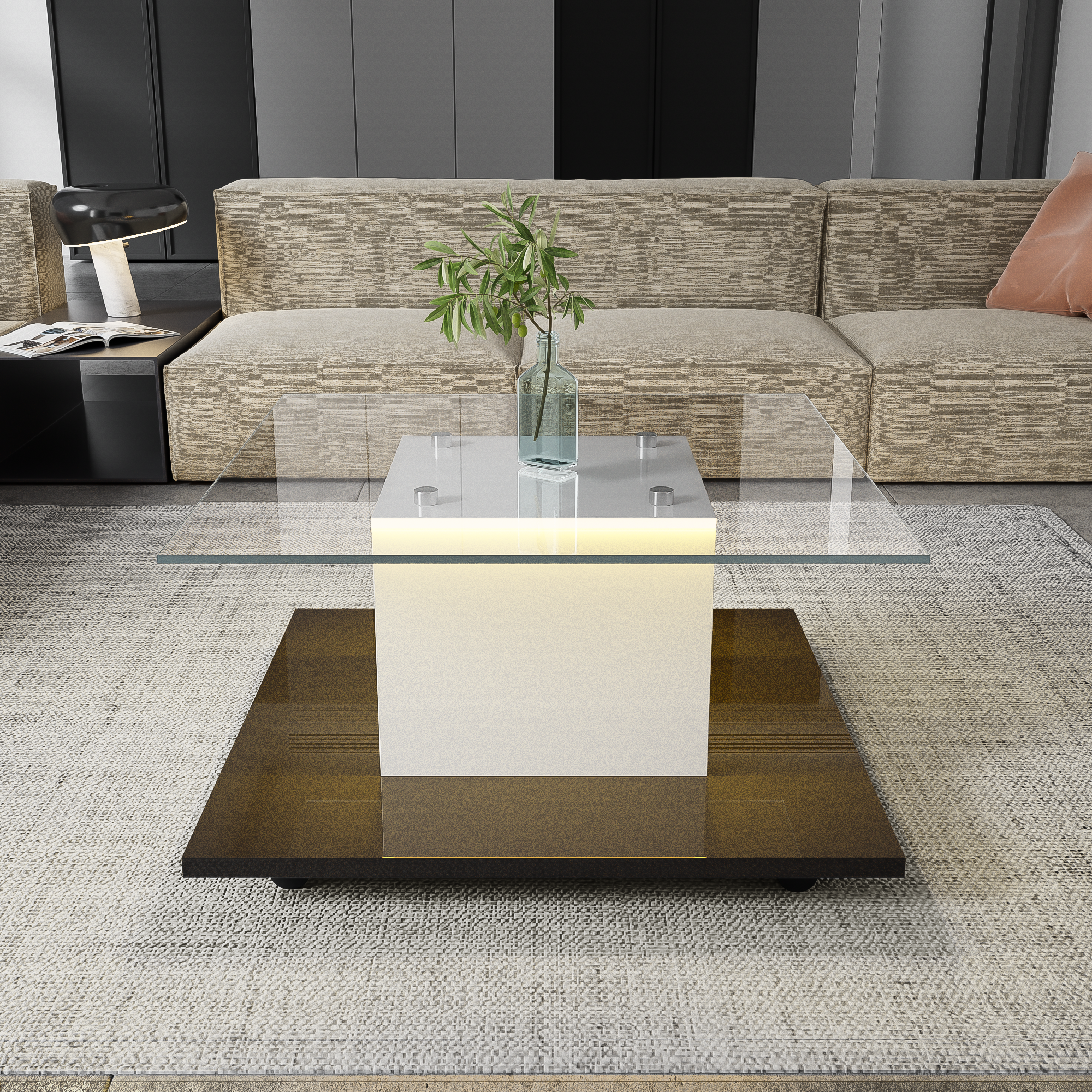 Coffee Table Made of High-Gloss Glass, Movable Coffee Table with Swivel Casters