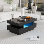 Coffee Table with High-Gloss Surface, LED Light Strip, Four Drawers Front and Back, Large Storage Space