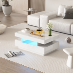 Coffee Table with High-Gloss Surface, LED Light Strip, Four Drawers Front and Back, Large Storage Space