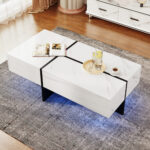 High-Gloss Coffee Table, White Marble Imitation Structure with Matching Black Table, 60x60x42 cm